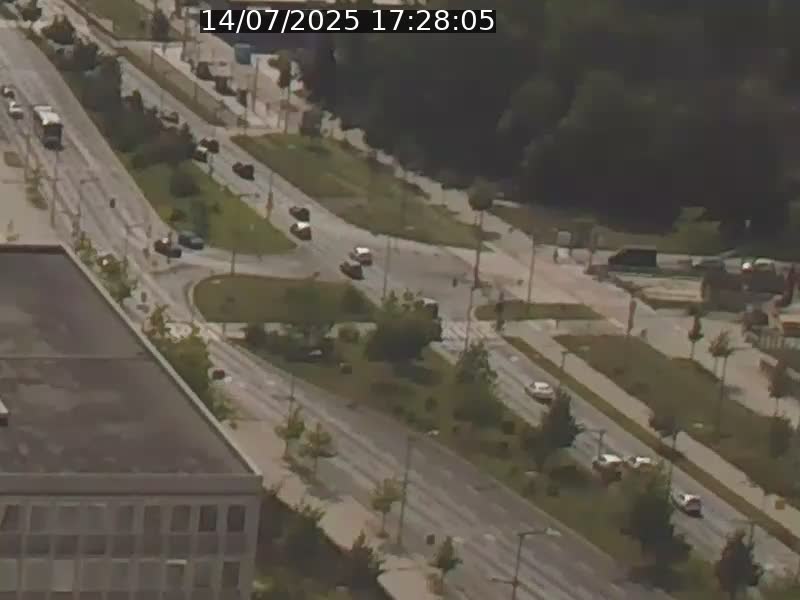 Webcam sur l'avenue John Fitzgerald Kennedy (N51) avec vue sur le Pont rouge (Pont Grande Duchesse Charlotte), l'arrêt Pfaffenthal et l'entrée du quartier Kirchberg